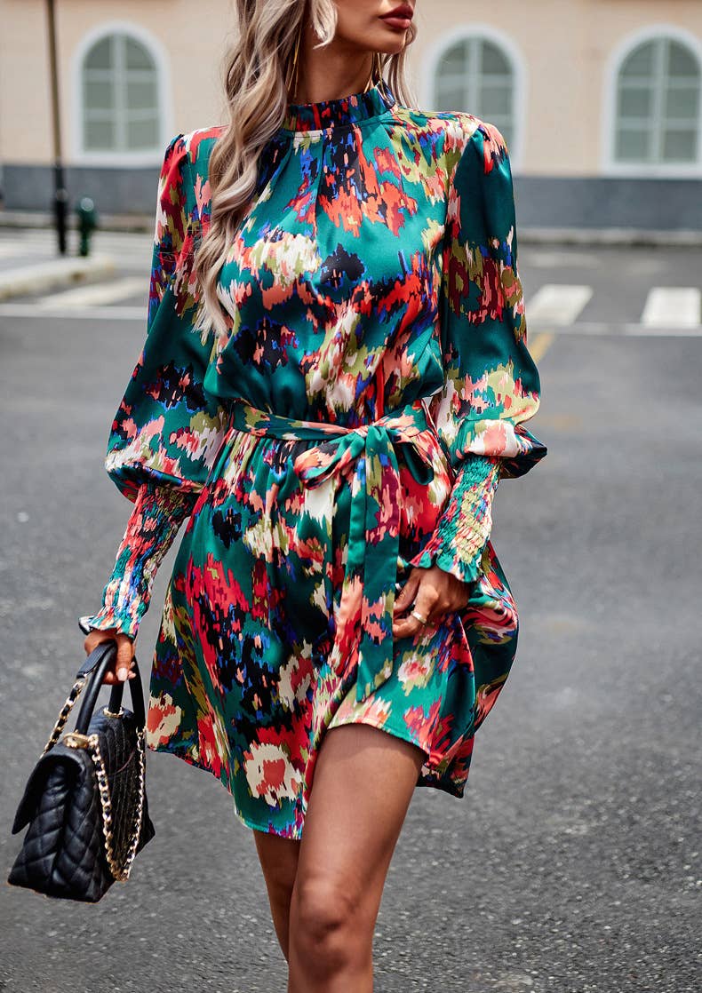 Green Floral Print Ruffle Dress