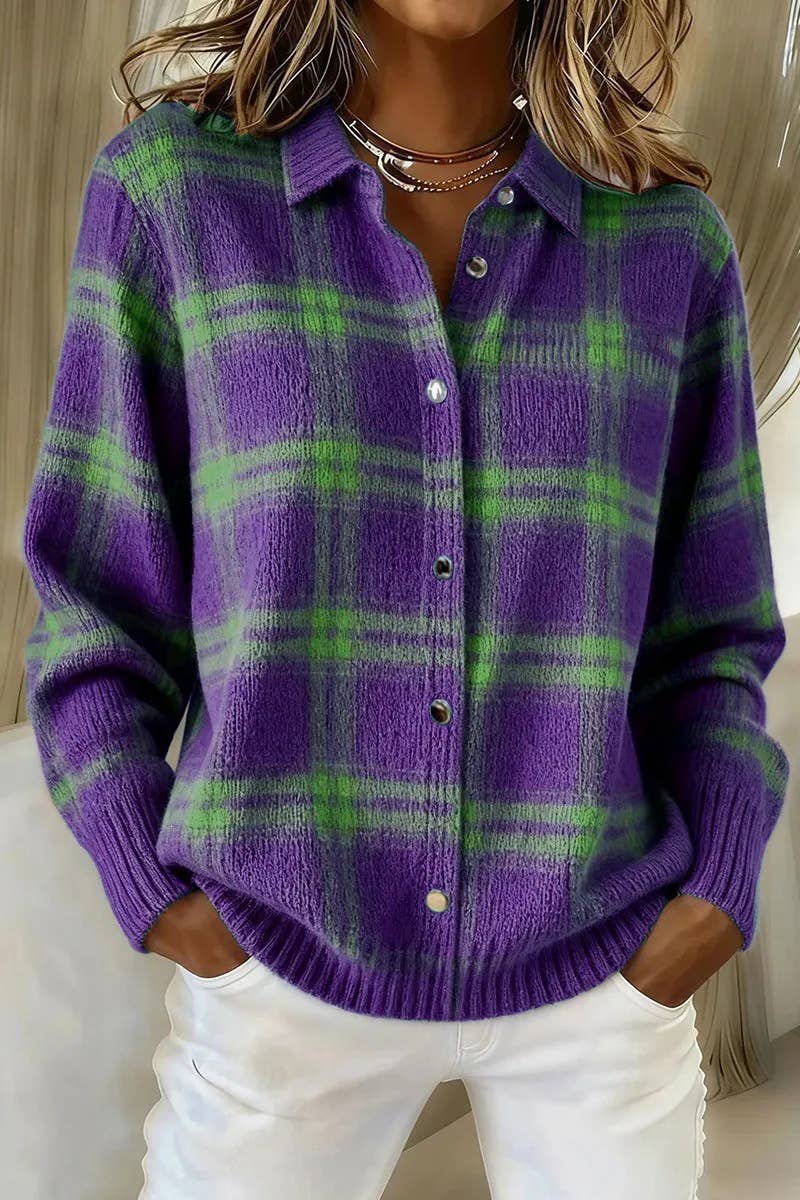 Plaid Knit Shirt Cardigan for Women, Relaxed Button-Up: Blue / 65%Viscose35%Polyester / S