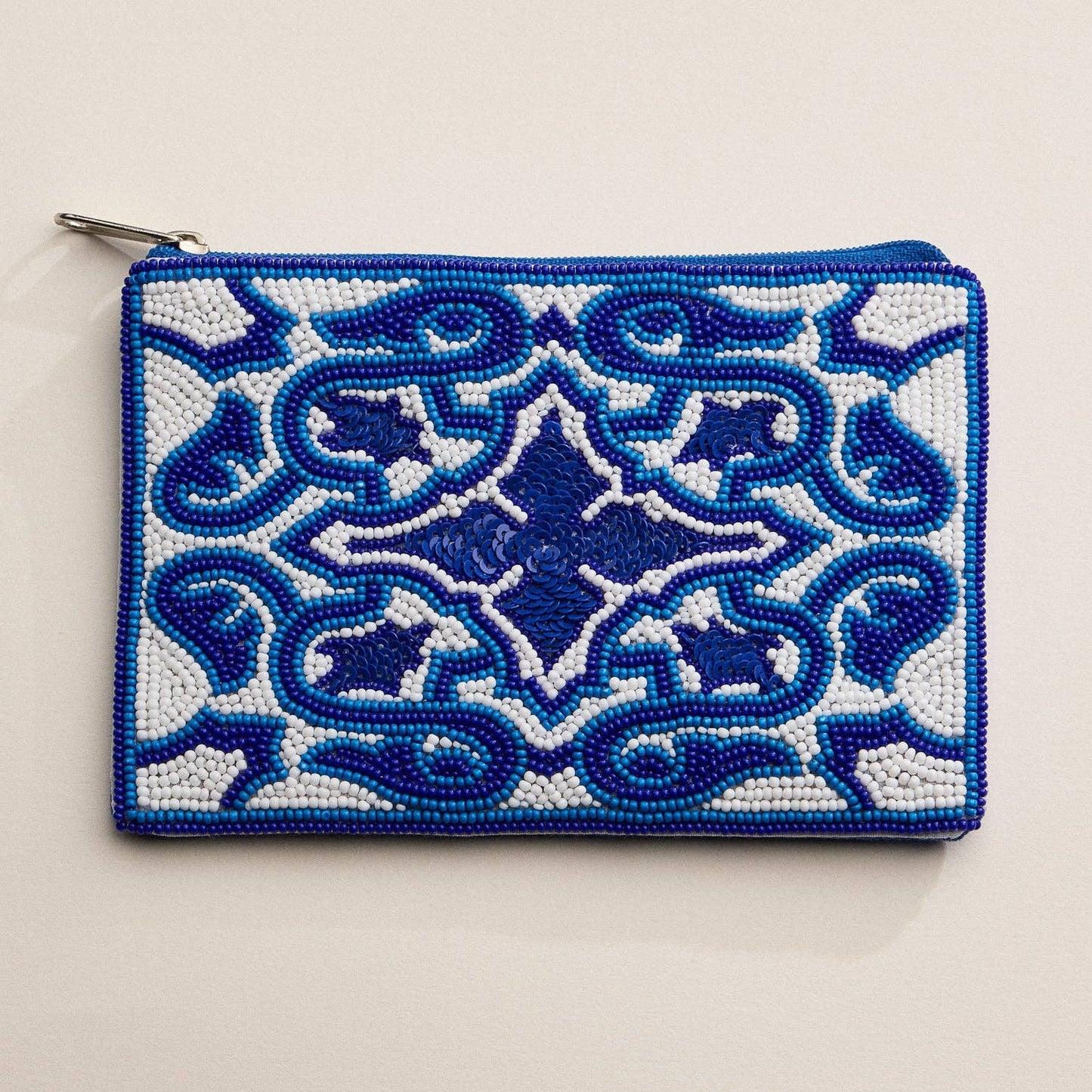 Hand-Beaded Blue Mosaic Pattern Zipper Pouch