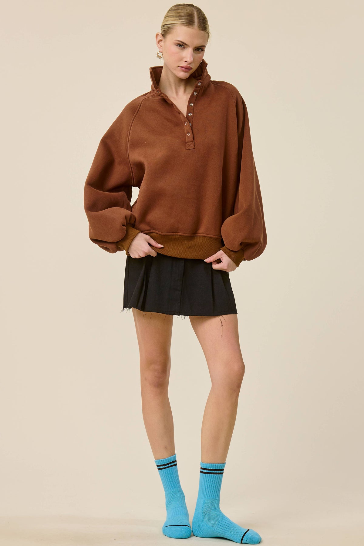 Fire Red Oversized Snap-Button Collared Mock Neck Sweatshirt