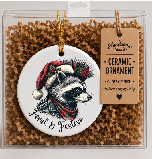 Racoon Feral Festive Christmas Ceramic Ornament