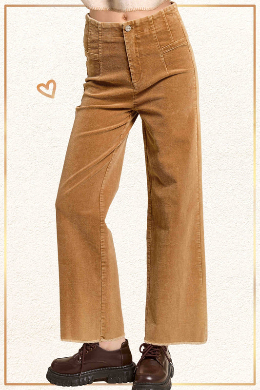 Camel Mineral Washed High Waisted Wide Leg Corduroy Pants