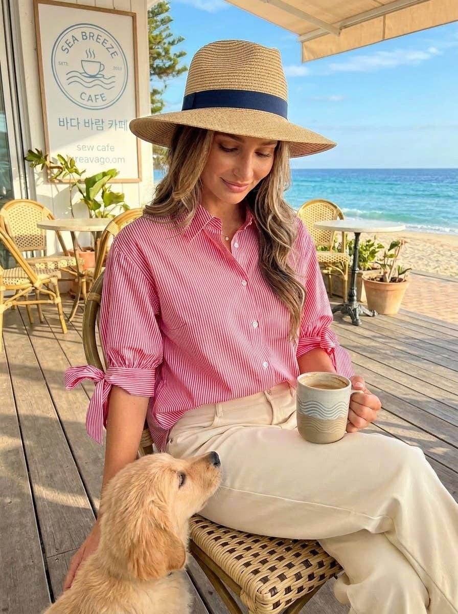 Bow Tie Accent Short Sleeve Stripe Blouse Top VT83168: Brown / M