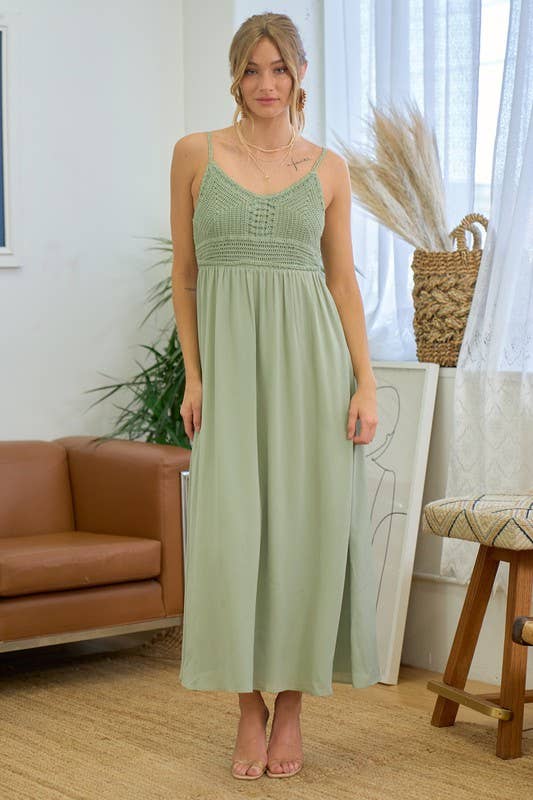 SALE Maxi Dress With Crochet Trim at Top: Dusty Sage