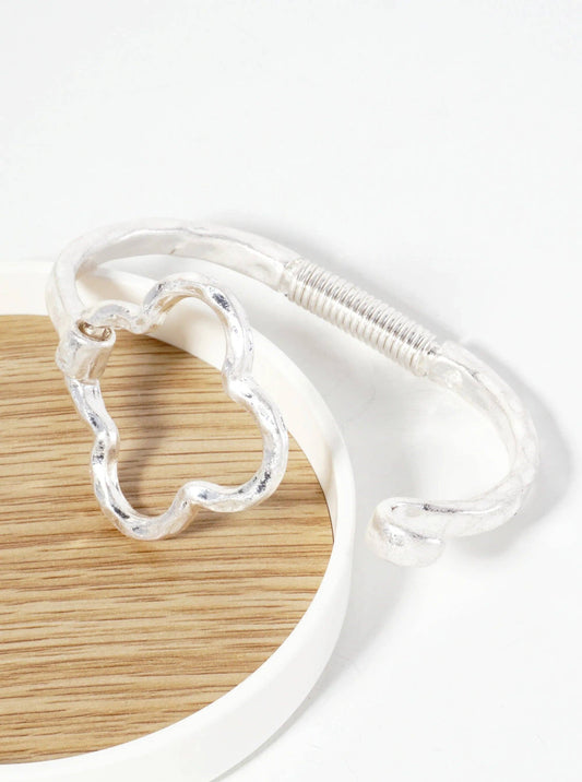 Worn Silver Hammered Metal Quatrefoil Hook Clasp Hinged Bracelet