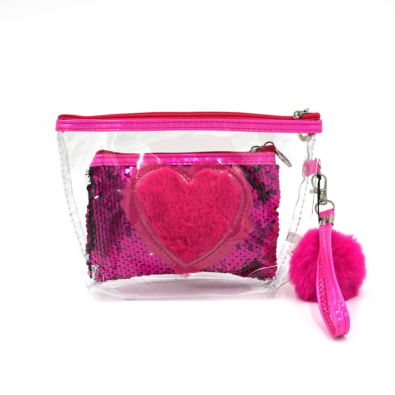 2 Pc Pink Sequin Heart Cosmetic Bag Set