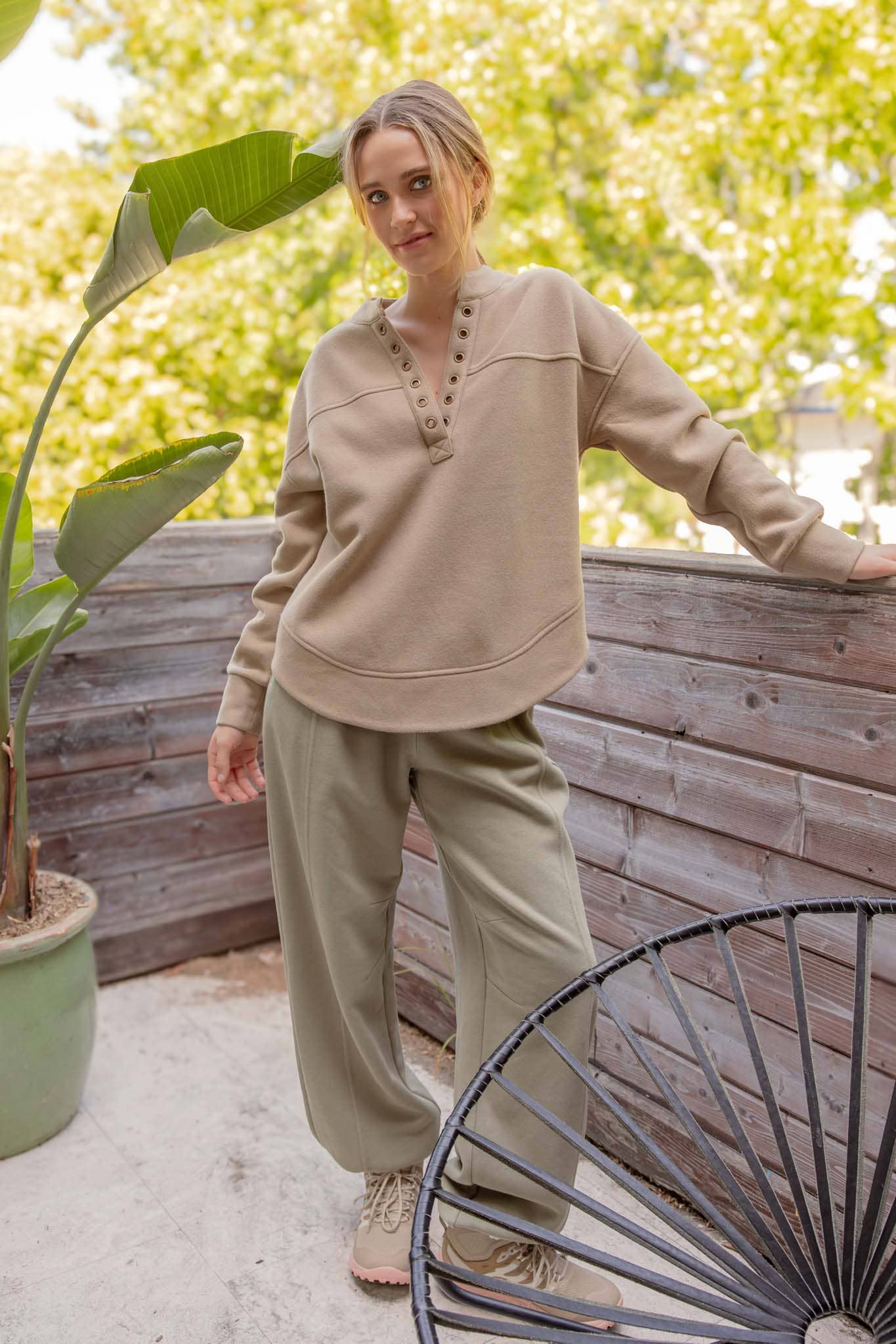 Taupe Spliced Grommet Long Sleev Knit Top