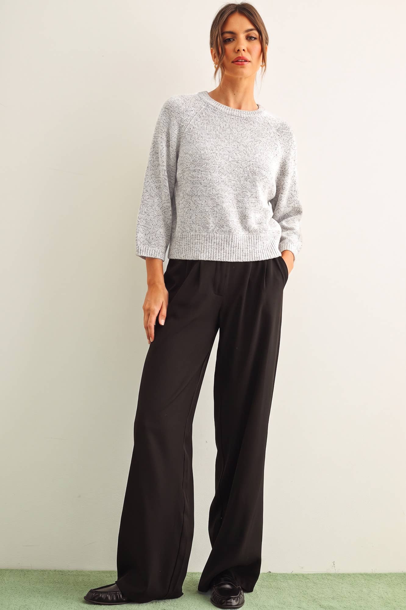 Salt & Pepper Round Neck 3/4 Sleeve Knitted Top