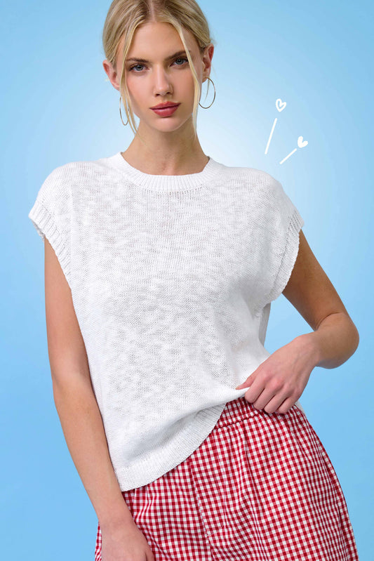Loose Fit Sleeveless Ribbed Knit Mock Crew Neck Top: Milk