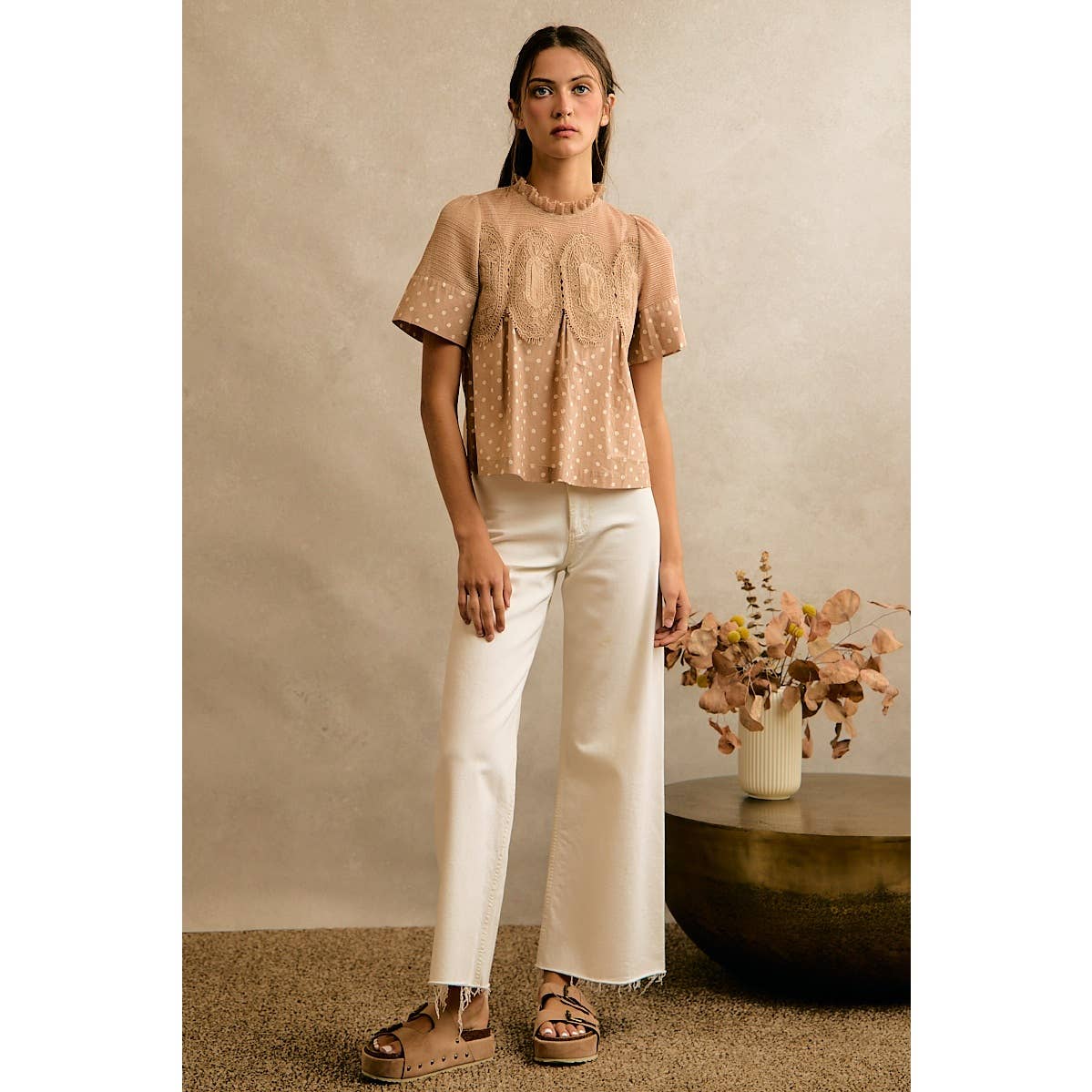 Beige Polka Dot Lace Trim Cotton Blouse