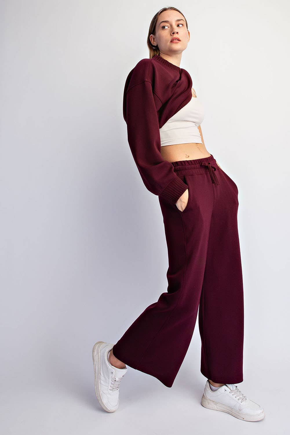 Dark Cherry Modal Scuba Cropped Wide Pant