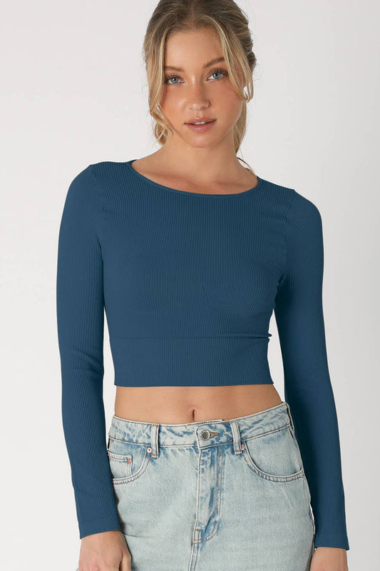 Nikibiki Ribbed Crew Neck Crop Top: Blue Opal