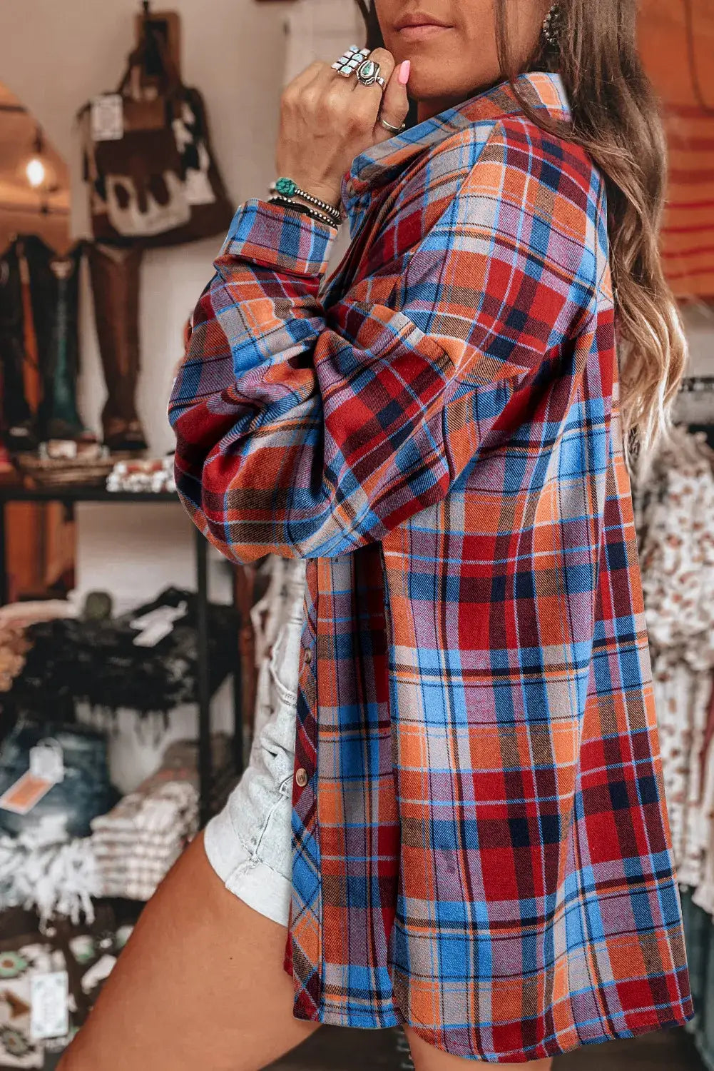 Women's Plaid Print Loose Vintage Shirt: Orange / 100%Cotton / S