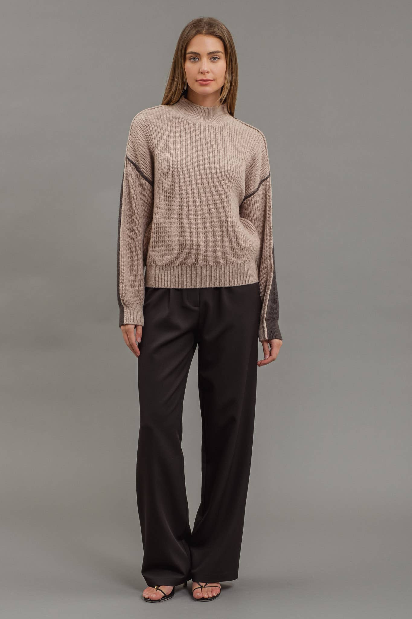 Colorblock Mock Neck Exposed Seam Sweater:  Mocha