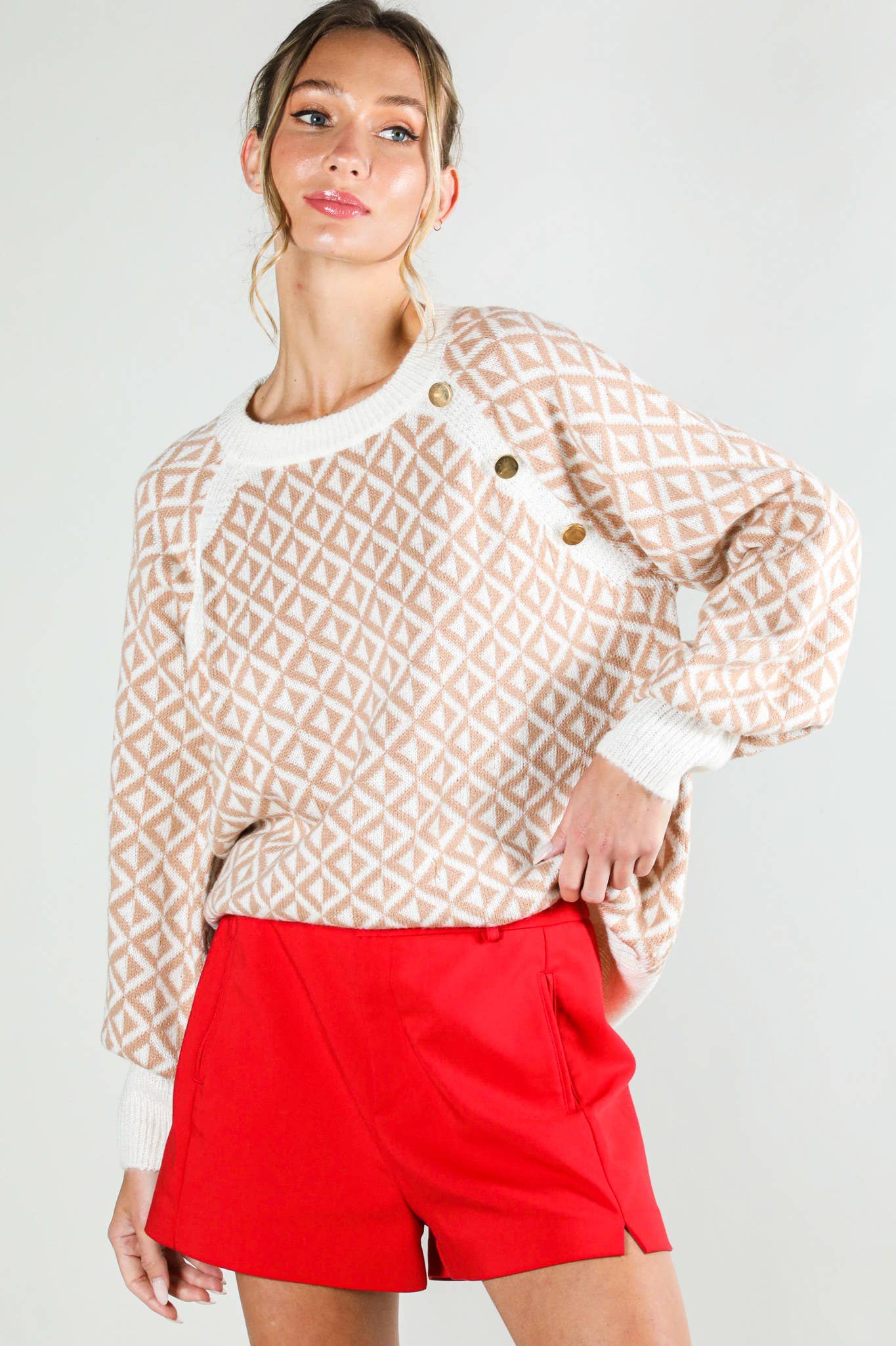 Taupe Geo Patterned Button Detailed Sweater