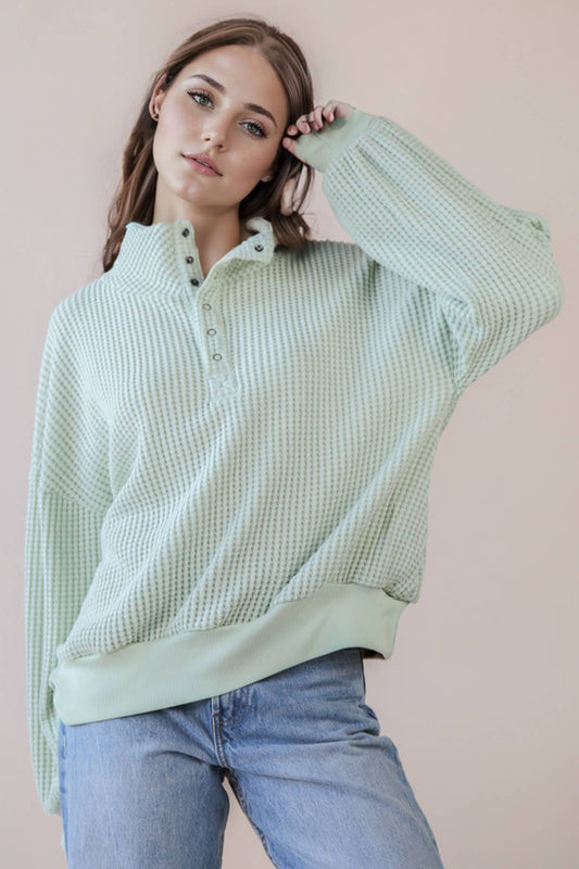 Sage Oversized Half Button Down Casual Waffle Knit