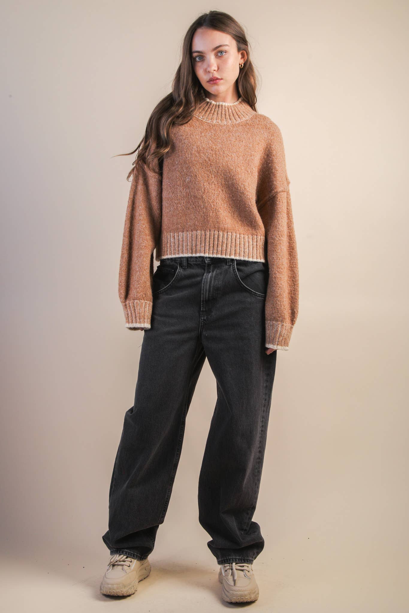 Mocha Oversized Casual Mock Neck Knit Sweater