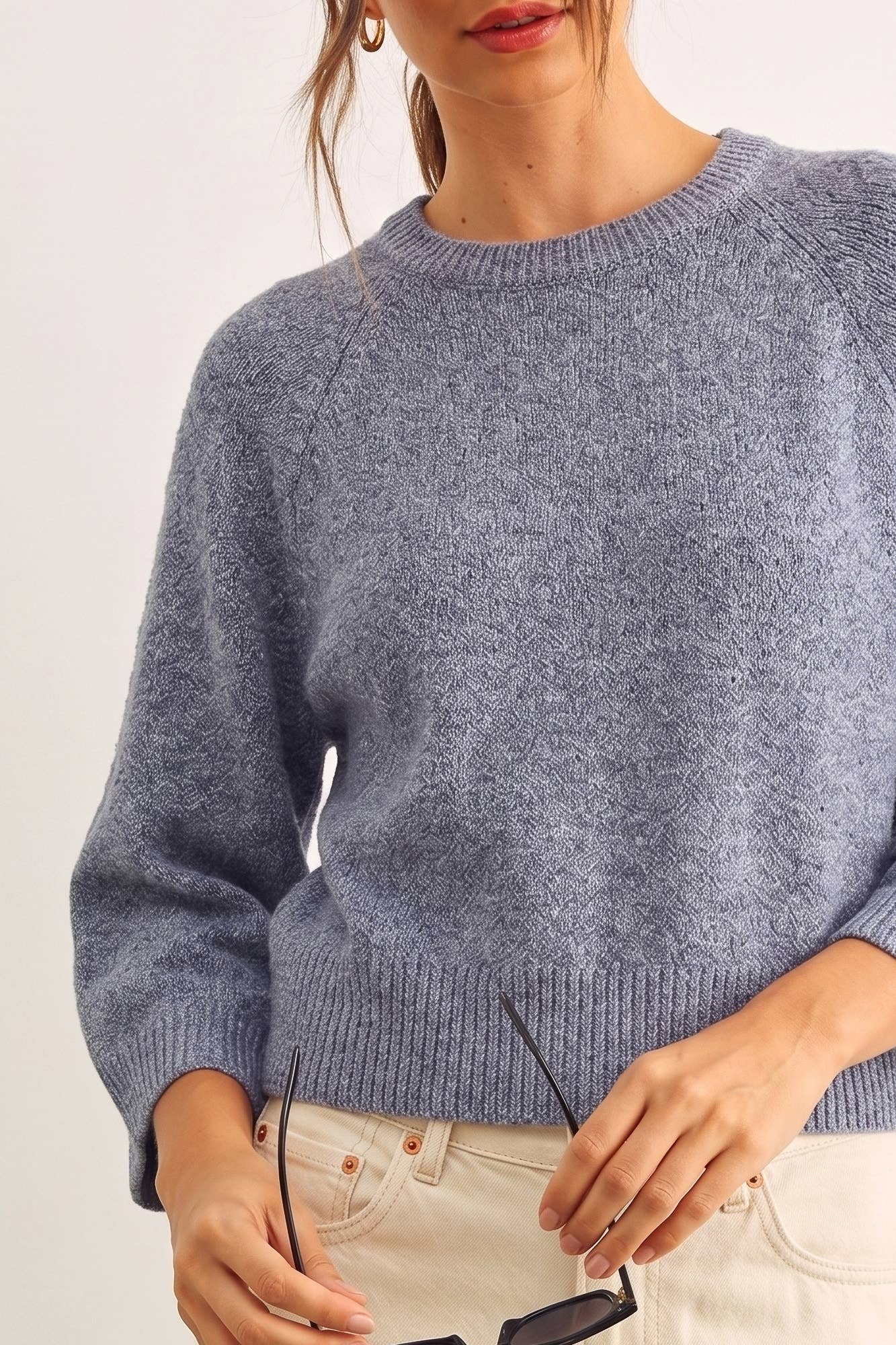 Blue Round Neck 3/4 Sleeve Knitted Top