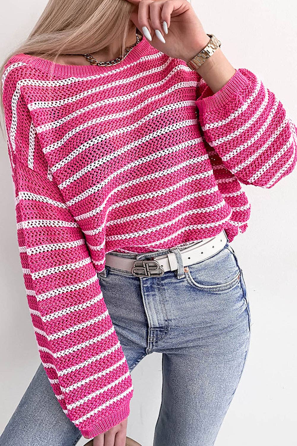 SALE Rose Drop Shoulder Contrasting Striped Sweater