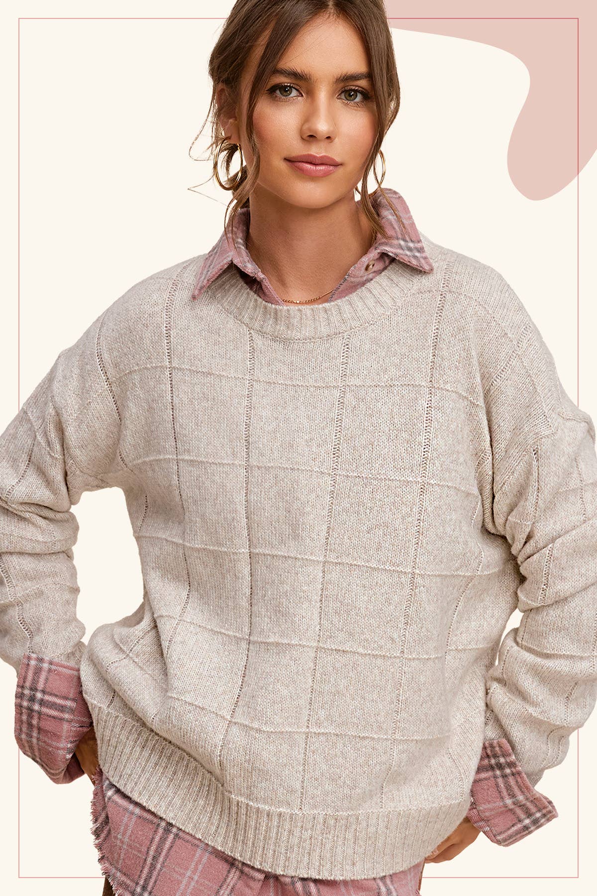 Oatmeal Windowpane Patterned Sweater