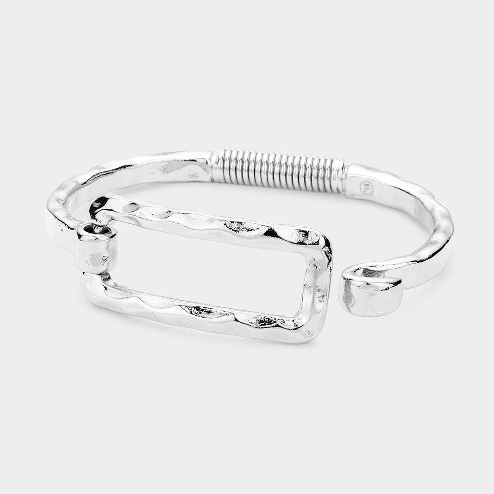 Metal Cut Out Rectangle Hook Bracelet: Silver