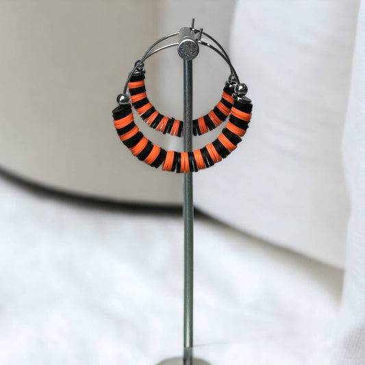 Orange and Black Heishi Bead Hoop Earrings