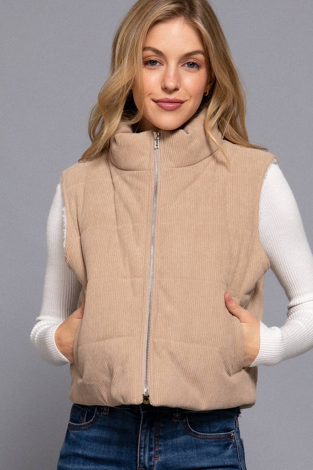 Taupe High Neck Inner Faux Fur Zip Up Corduroy Puffer Vest