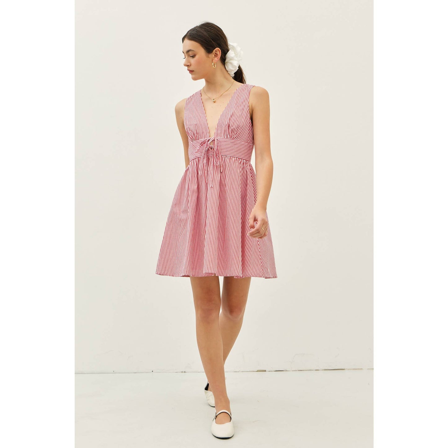 Red & White Summer Plunge Neck Stripe Mini Dress