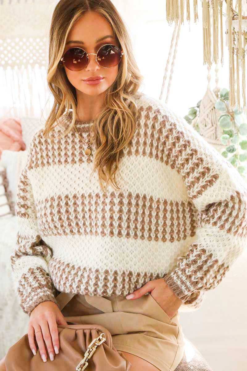 Mocha Round Neck Color Blocked sweater