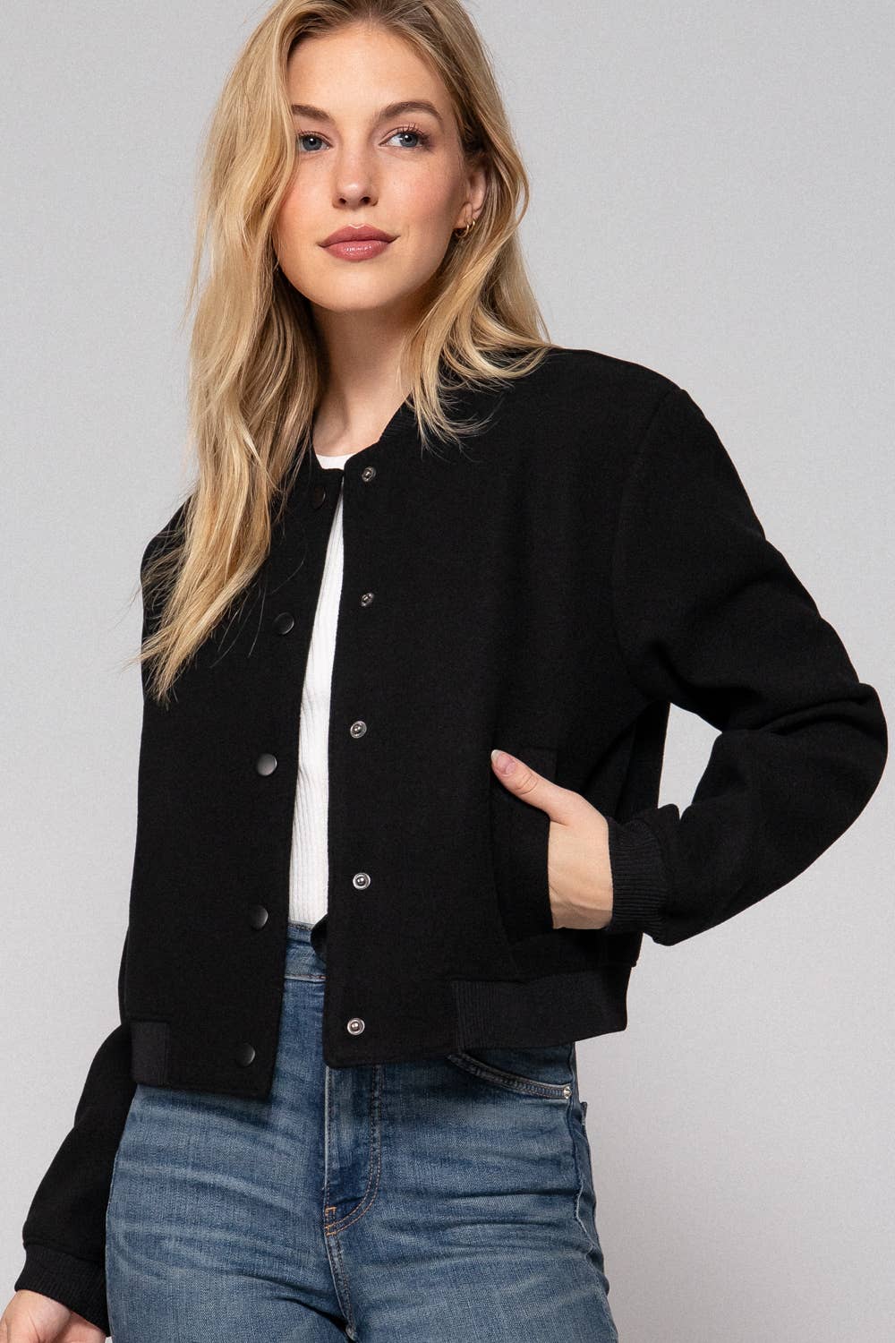 Black Soft Felt Bomber Jacket