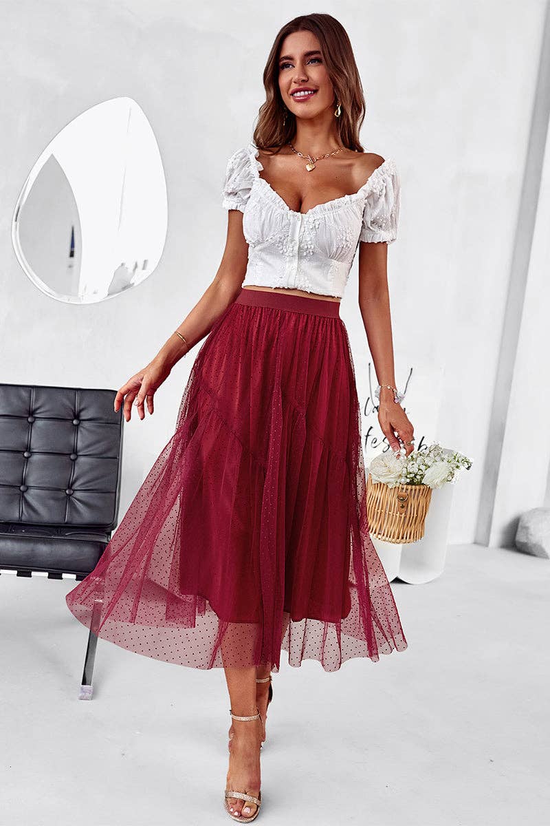 A-Line Solid Layered Gauze Tulle Midi Skirt: Wine