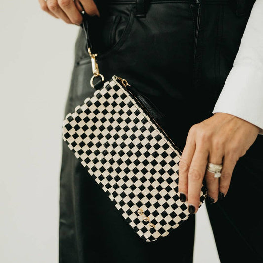 Black Checkered Emma Woven Clutch Wristlet