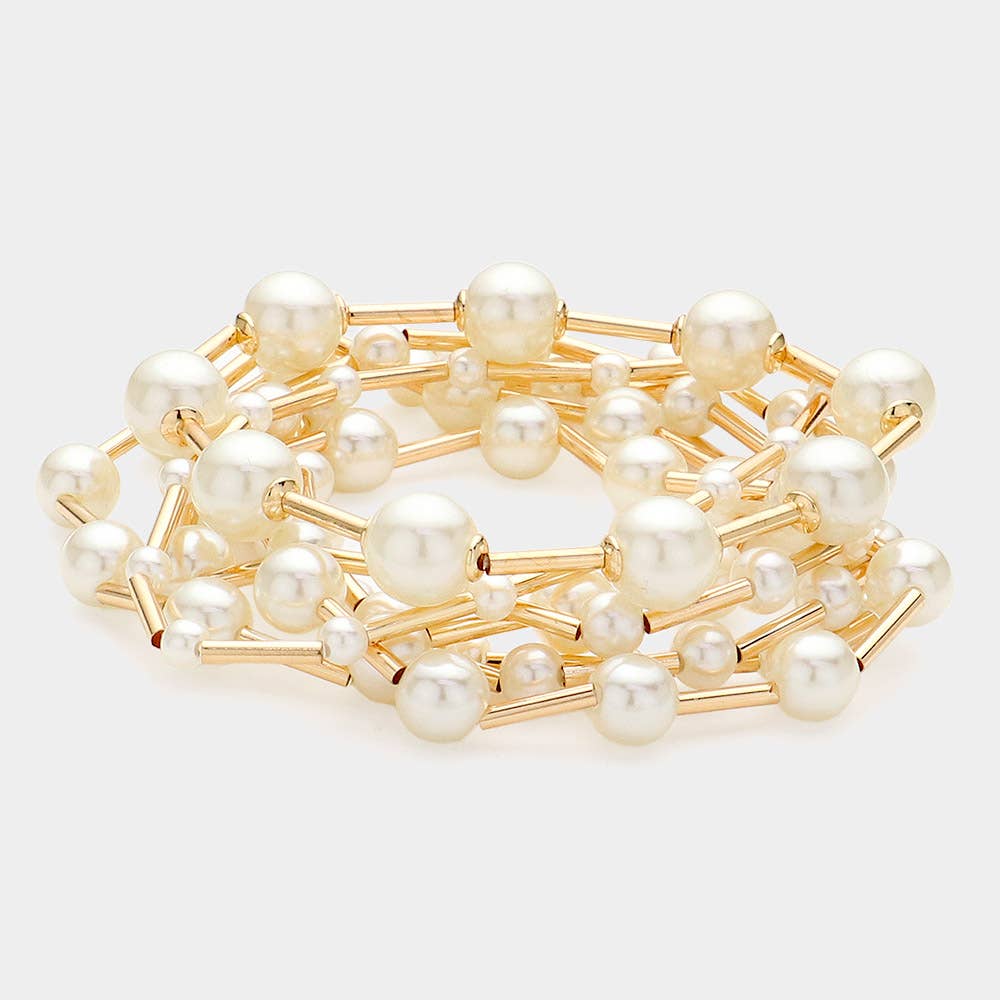 7PCS - Pearl Metal Ball Beaded Stretch Multi Layered Bracelets: Rhodium,White