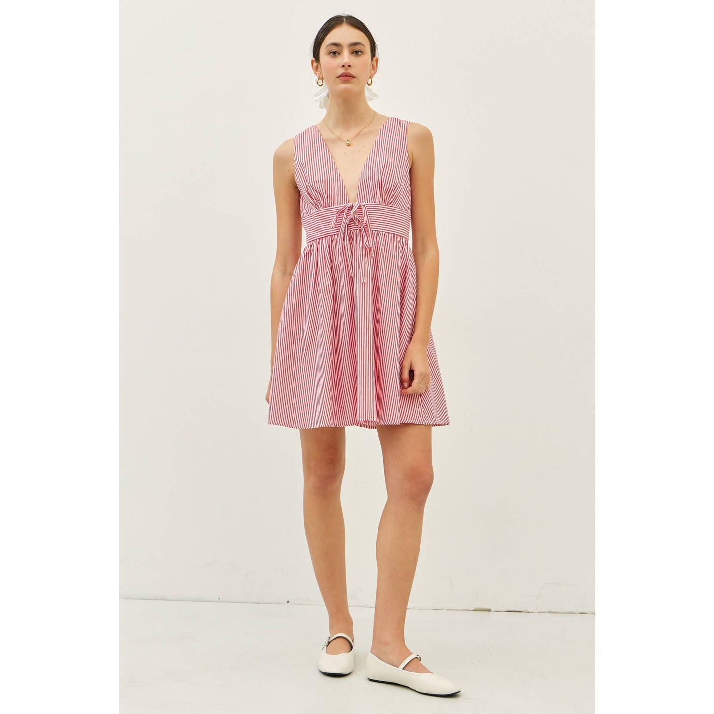 Red & White Summer Plunge Neck Stripe Mini Dress