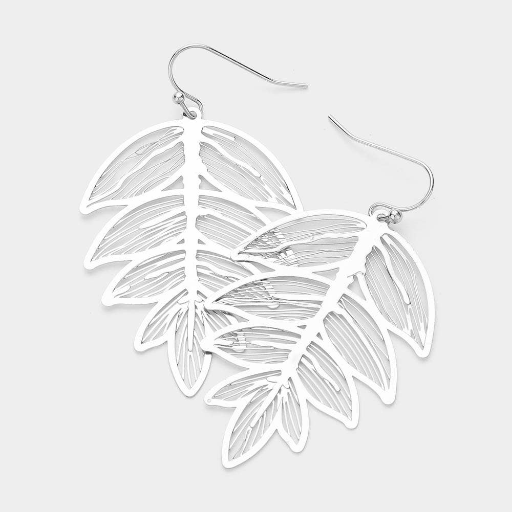 Brass Metal Filigree Leaf Dangle Earrings: Matte gold