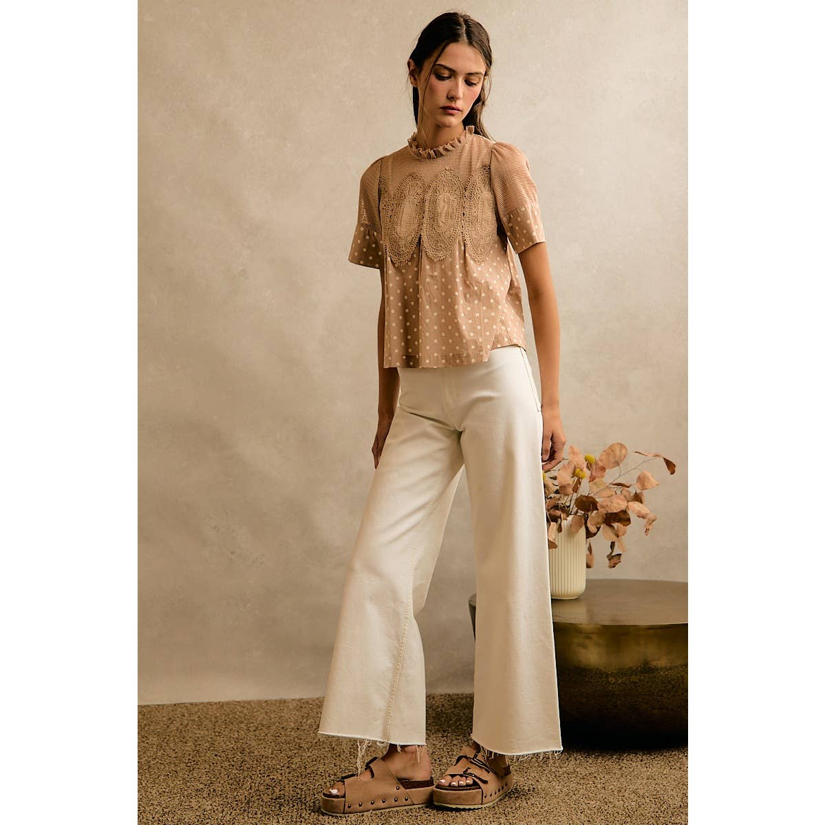 Beige Polka Dot Lace Trim Cotton Blouse
