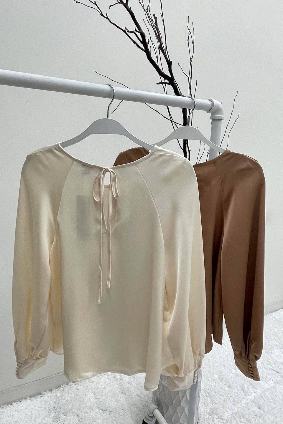 Khaki Satin Round Neck Long Sleeve Top