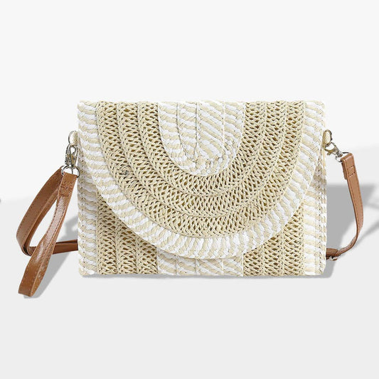 Beige Mixed Striped Straw Clutch / Crossbody Bag