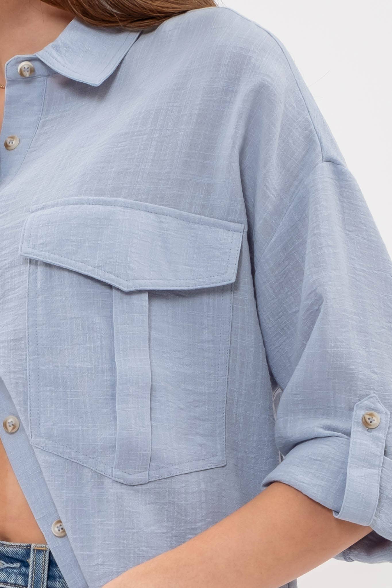 Blue Collared Button Down 3/4 Sleeve Shirt