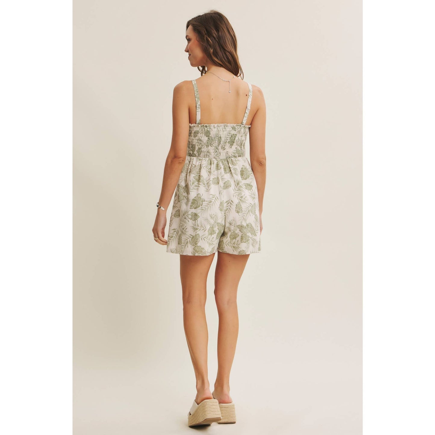 BREATHABLE FOR WARM DAYS PALM LEAF SMOCKED ROMPER: DENIM BLUE / S