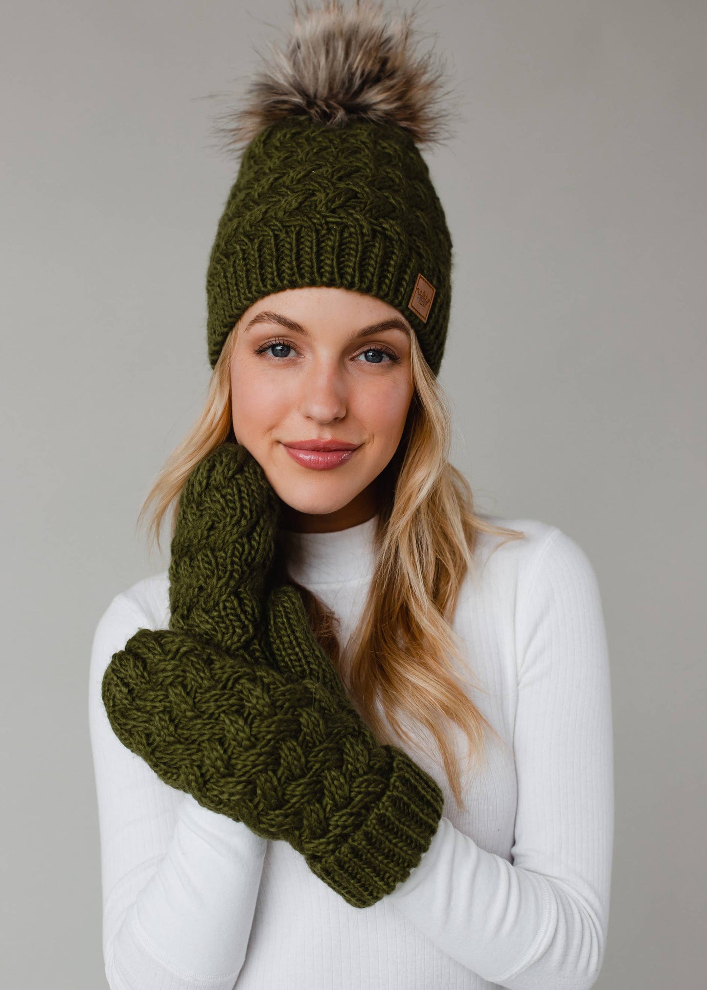 Olive Knit Pom Winter Hat