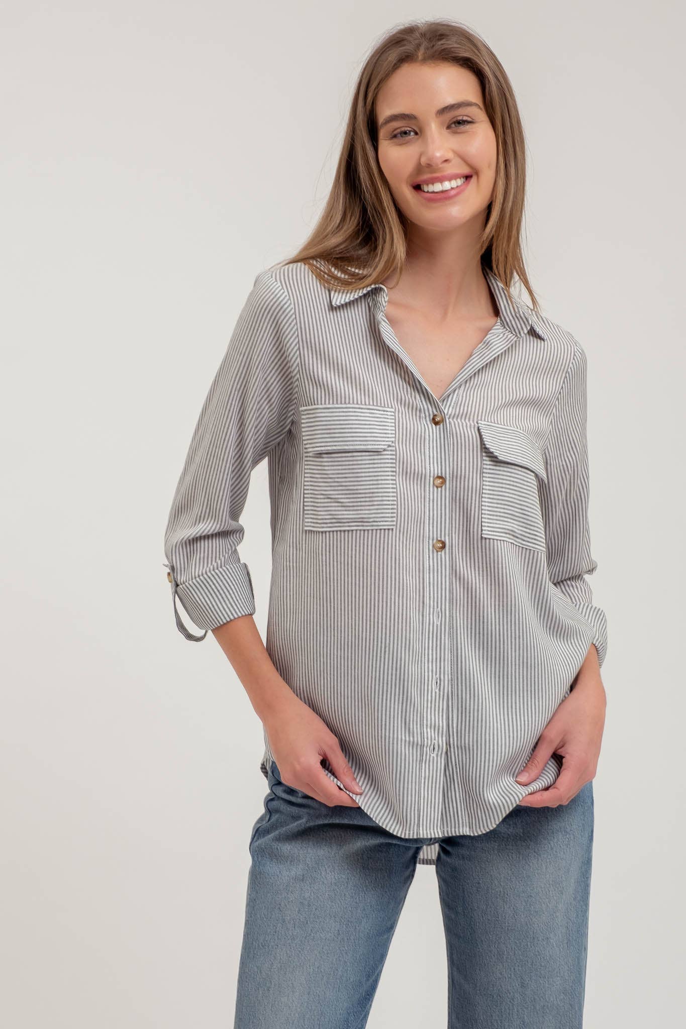 Black Striped Collared Button Down With Pockets