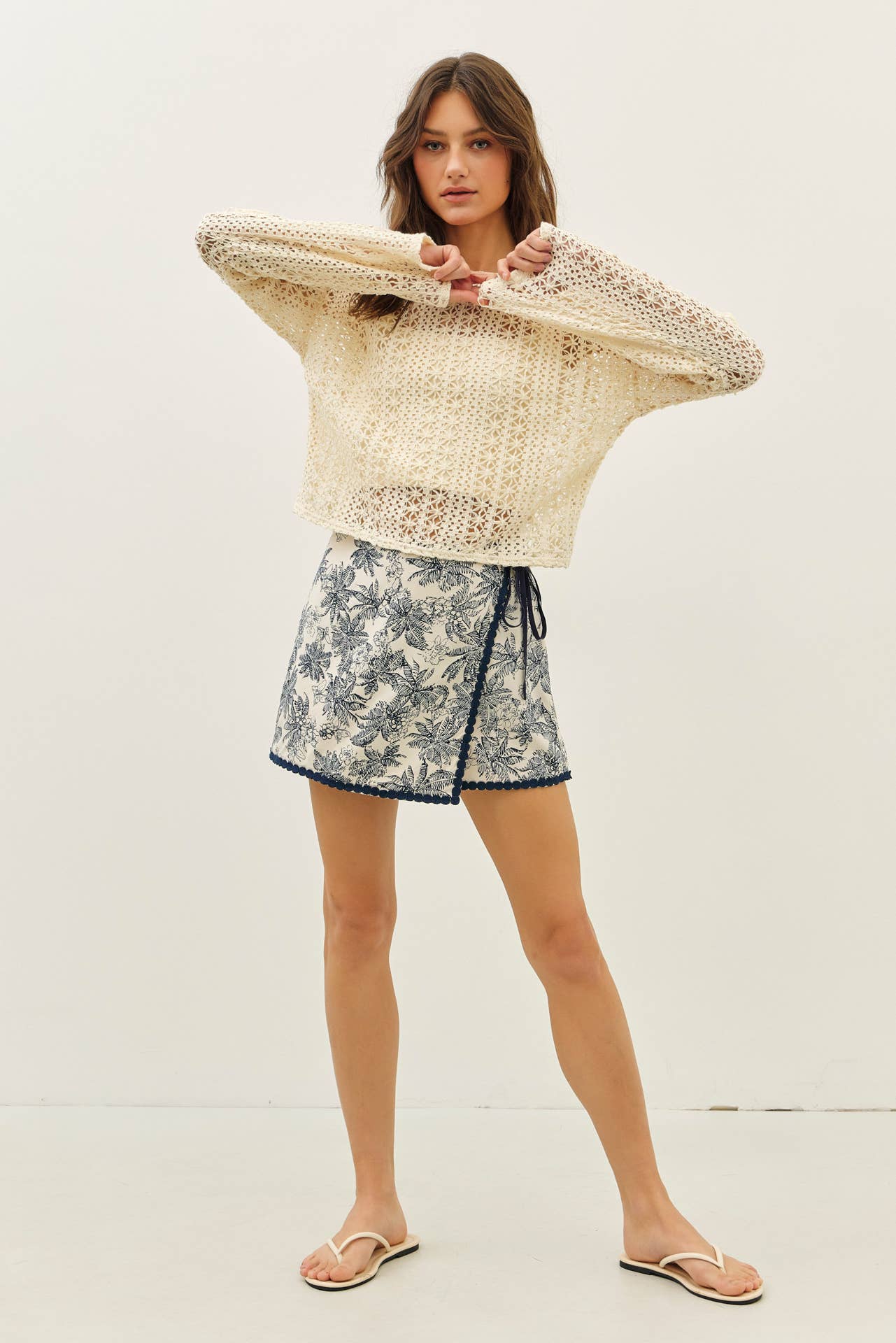Cream Sheer Floral Crochet Top With Bell Sleeves