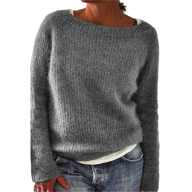 Women's Crew Neck Long Sleeve Solid Knit Pullover Sweater: Gray / S