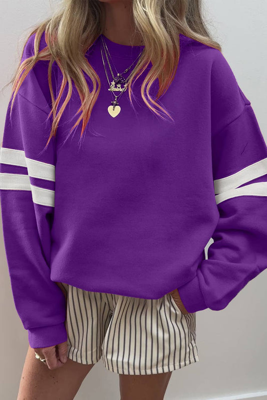 Purple Varsity Striped Detail Drop Shoulder Sweatshirt