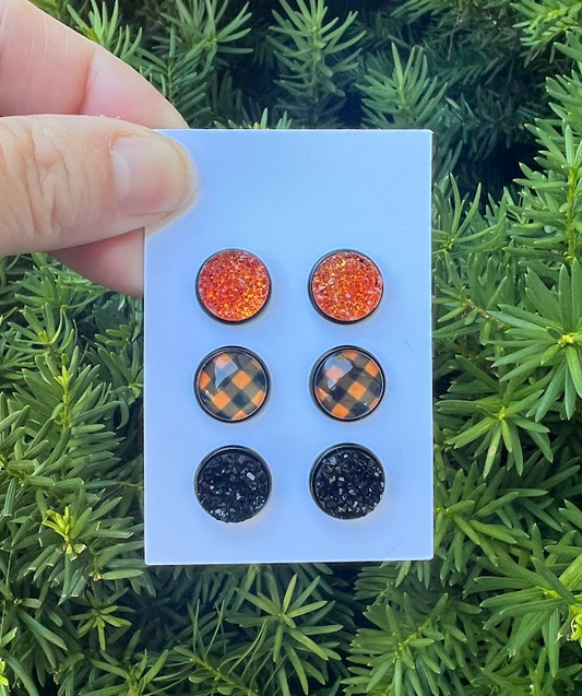 Fall Orange Buffalo Plaid Druzy Stud Trio