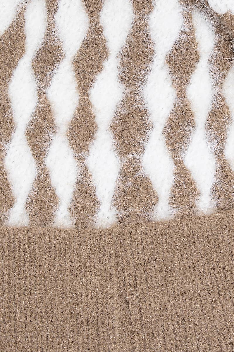 Khaki Abstract Diamond Stripe Knit Pom Winter Beanie