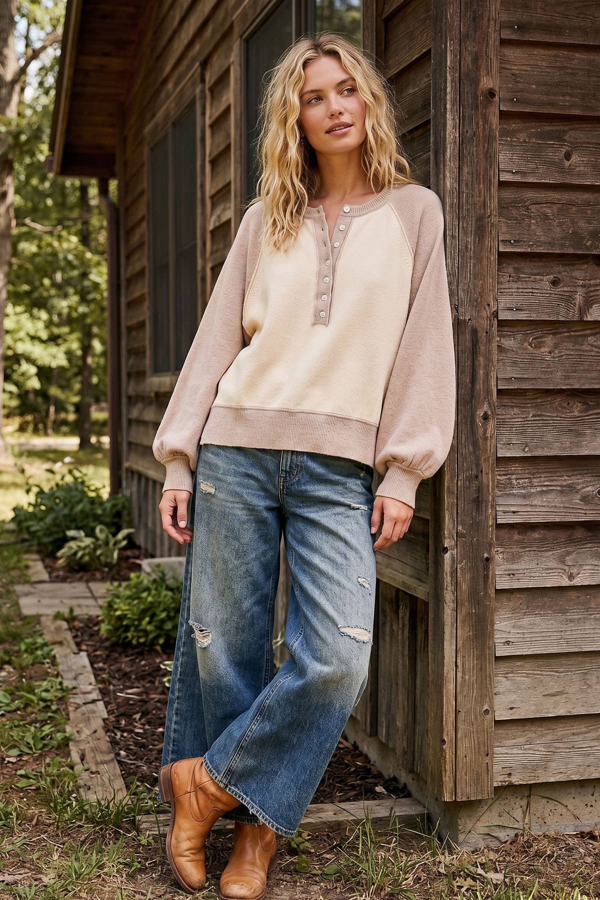 Taupe/Cream Color Block Henley Sweater