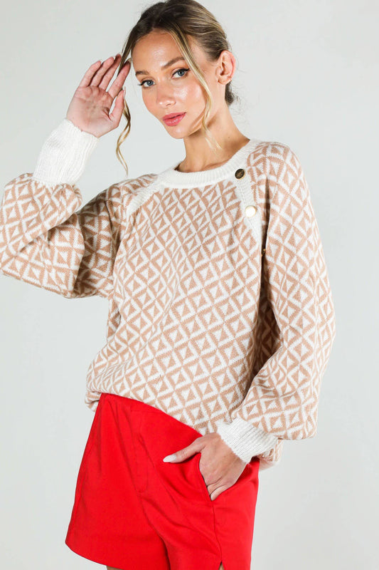Taupe Geo Patterned Button Detailed Sweater