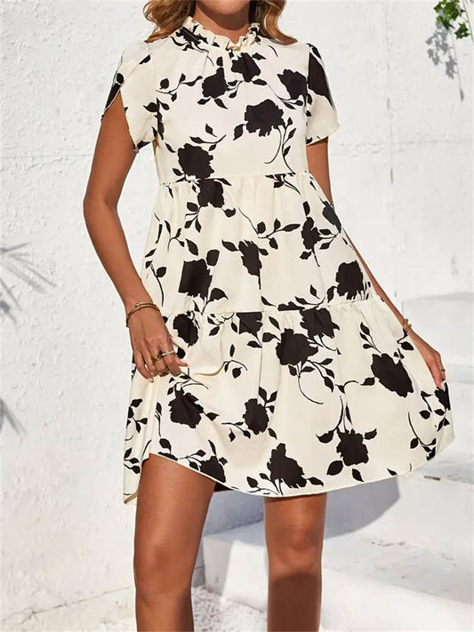 Black & Cream Floral Doll Collar Dress